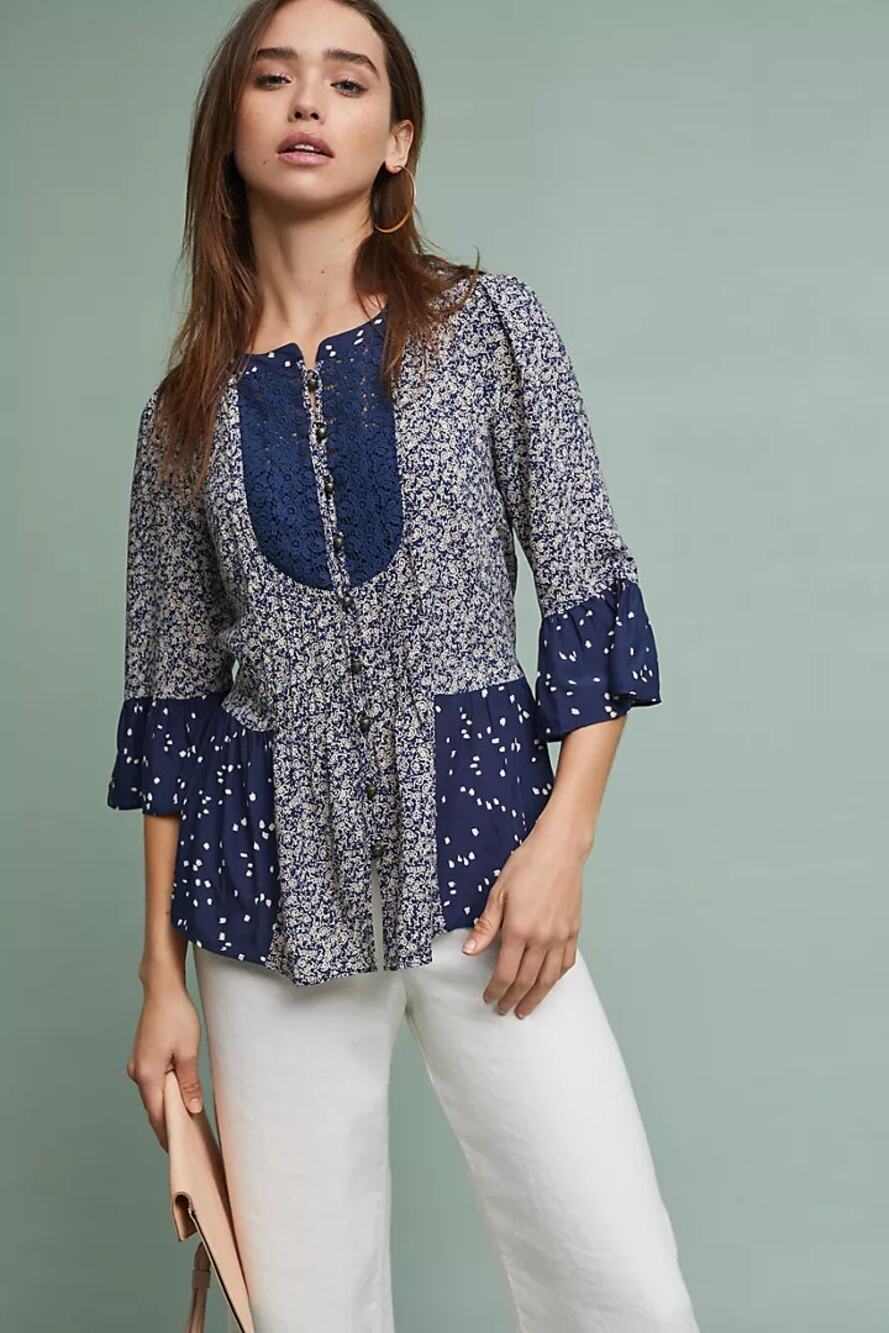 ANTHROPOLOGIE MAEVE sz 0 Hiver peasant blouse in blue motif EUC